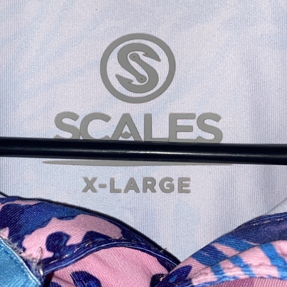 SCALES MENS SIZE XL Pink and Blue Polo Shirt with UNDERWATER CORAL Print EUC - Picture 3 of 11